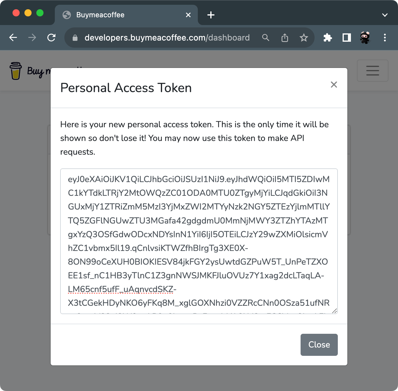 The generated Personal Access Token